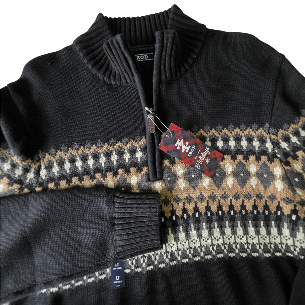 IZOD Mens Quarter Zip Sweater Black Fair Isle Pattern Large Tall LT